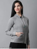 Light grey fleece zip-up hoodie for women, solid design, long sleeves, Made in India