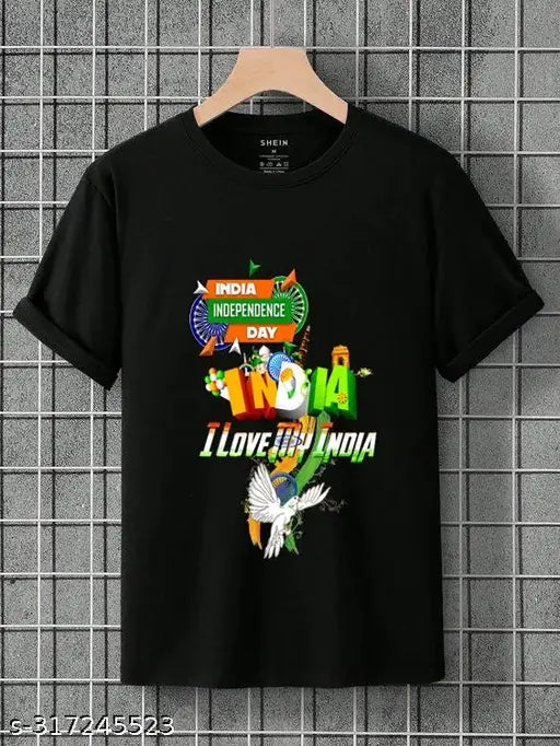 Black Men's Independence Day cotton T-shirt, short sleeves with printed design, size M (Chest 37in, Length 26.5in), Independence day apparel from India