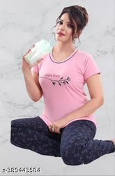 Pink summer night suite hosiery pyjamas set for women, 100% cotton, printed net pattern