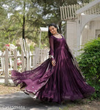 Purple embellished anarkali dress, georgette fabric, long sleeves, floral print. Ideal for evening wear, parties, bridal or wedding events. Women's formal gown, buy online." (120 characters)
