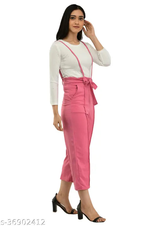 Pink cotton blend dungaree set with white t-shirt, trendy partywear for women sizes S28, M30, L32, XL34 (India)