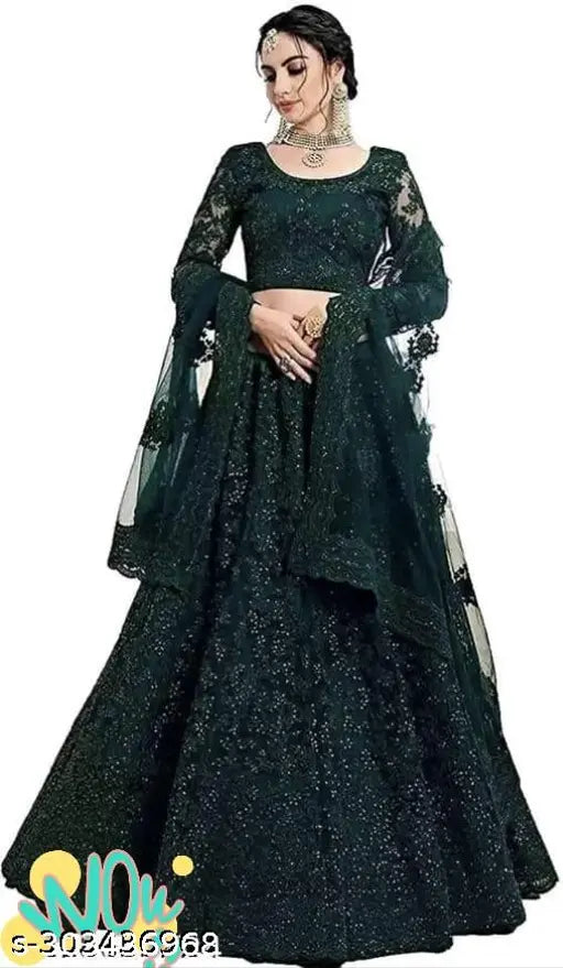 Green embroidered Facebook Lehenga Dhavani set in net fabric, semi-stitched (size 32m x 42m), with matching dupatta