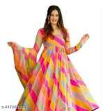 Stylish, elegant Georgette colorblocked gown with long sleeves. Multicolor design available in XXL, introducing new affordable Gowan with matching dupatta