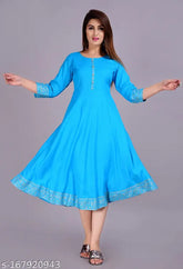 Blue Rayon Anarkali Kurti, single-color, three-quarter sleeves, trendy modern dress, smooth comfortable fabric, flattering for all body types, glamorous on various skin tones, Indian origin