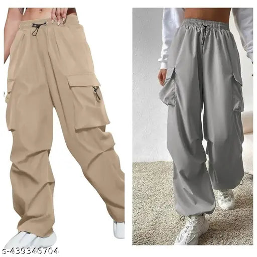 Light brown and gray polyester baggy pants, relaxed fit for women's high waist, loose drawstring waist with khaki cargo joggers included. Indian-made casual wear for plus size women