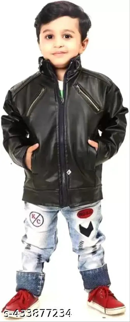 Kids' leather jacket, long sleeve, faux leather, lightweight, spring season, biker style with zipper pockets and collar