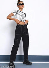 Black denim cargo pants with white stitch, trendy Indian-made jeans for teen events