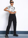 Black denim cargo pants with white stitch, trendy Indian-made jeans for teen events