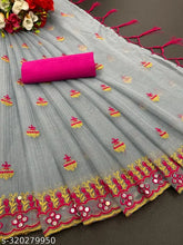 Super net fabric saree with mirror work and dupion silk blouse, embroidered multi-thread design in mustard yellow color, Indian bridal wear