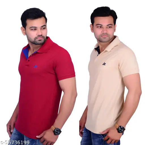 Cotton blend polo neck T-shirt combo of 2, solid color, short sleeves, La MIlano from India