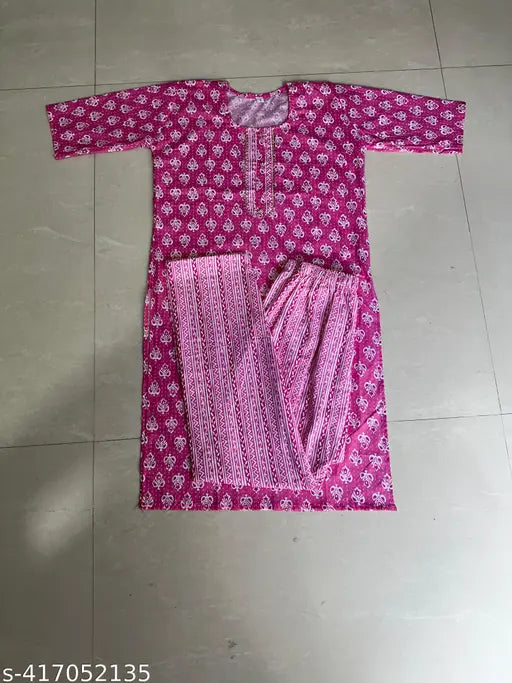 Cotton ready-made kurta pant set, fancy bottom neck print - XL & XXL women's Indian fashion, three-quarter sleeves