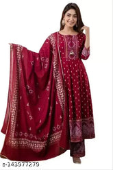 Soft rayon 3-piece Indian kurti set with dupatta and bottom wear, printed net pattern, three-quarter sleeves