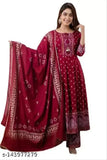 Soft rayon 3-piece Indian kurti set with dupatta and bottom wear, printed net pattern, three-quarter sleeves