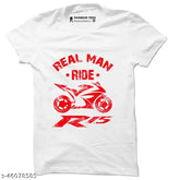 Rainbowtees men's real man RIDE R15 t-shirt, cotton short sleeves with printed pattern, men's regular fit in sizes S-XXXL, made in India on display