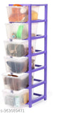 Transparent purple plastic 6-layer drawer organizer for kids' clothes, sarees, toys, books, shoes, and files