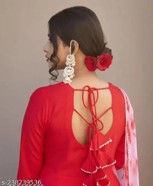 Solid red rayon Anarkali kurta with attached dupatta, India-made for festive occasions, flattering silhouette and graceful design