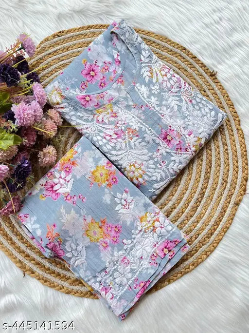 Hiratex women's cotton-blend printed kurti with palazzo. Three-quarter sleeves, vibrant Indian print, available in M to 6XL sizes for casual or special occasions