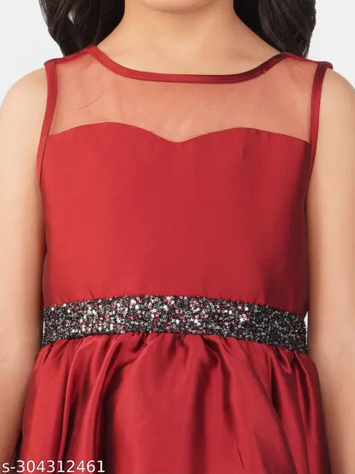 Maroon silk blend hi-low party dress for girls aged 2-3 years, solid net pattern, India origin