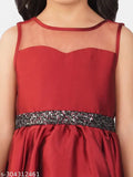 Maroon silk blend hi-low party dress for girls aged 2-3 years, solid net pattern, India origin