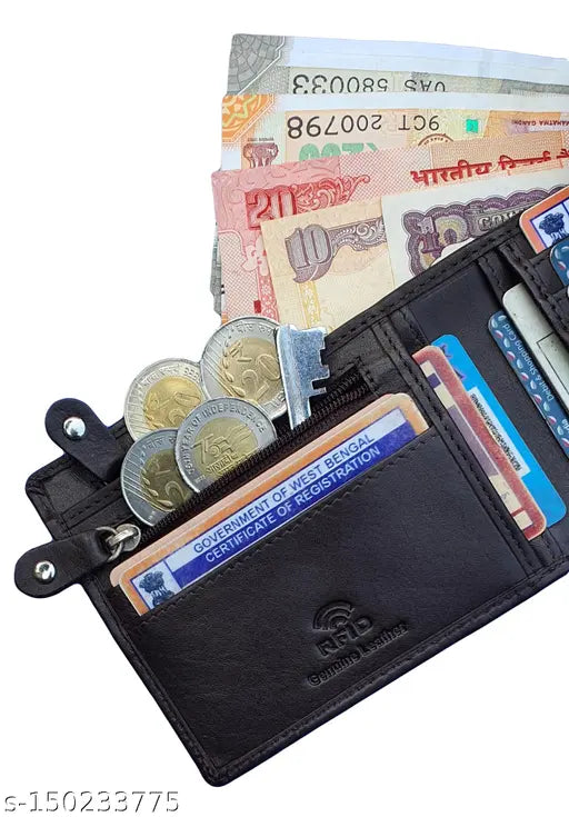 Brown genuine leather, men's formal bifold wallet with RFID protection and 5 compartments. Solid brown leather accessory for high-quality style