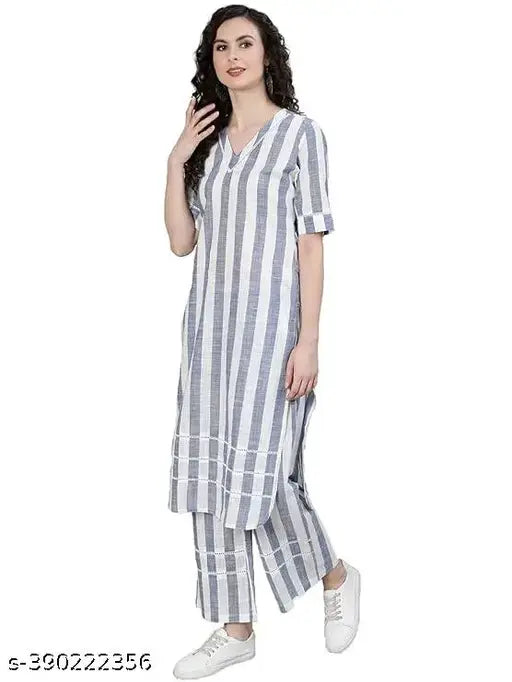 Grey & White striped cotton kurta and pant set for women, featuring v-neck, ladder lace detail, and elasticated waistband. Made in India." (124 characters)