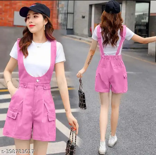 Cotton blend solid-colored women's 6-pocket short dungaree with t-shirt, great for casual wear (India)