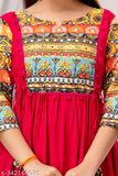 Rayon Anarkali Chinkenkari Printed Kurti with three-quarter sleeves, SANGANERI KURTI latest design, Indian traditional clothing for women