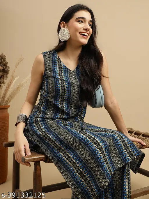 White rayon women's A-line kurta & pant set with stripe print, Indian ethnic wear