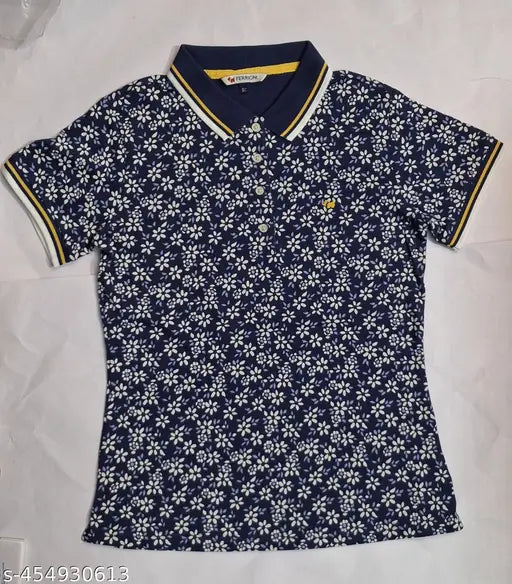 Soft touch Lycra collar T-shirt with printed design, Ferroni Girls size N, made for Europe