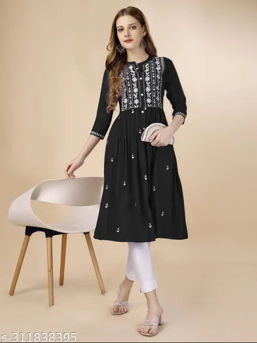 Lavender, black, yellow, morpankh, wine rayon kurtis with embroidered sequins, three-quarter sleeve length, straight fit, calf length, mandarin neck, 42 inches front length
