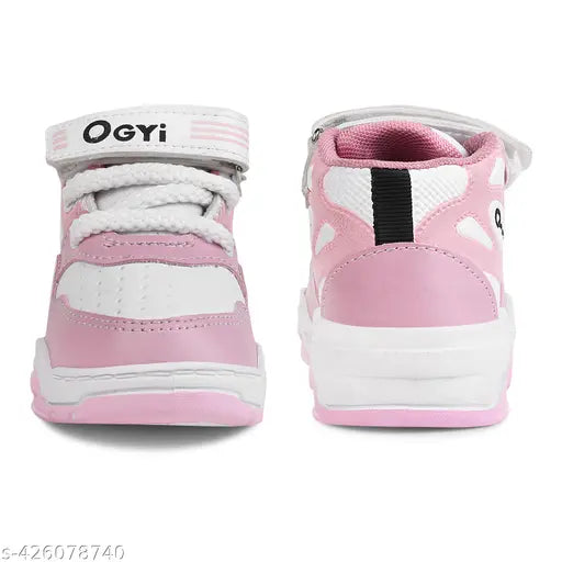 Pink synthetic leather sports sneakers for boys and girls, lace-up design with PVC sole, ideal for running and play