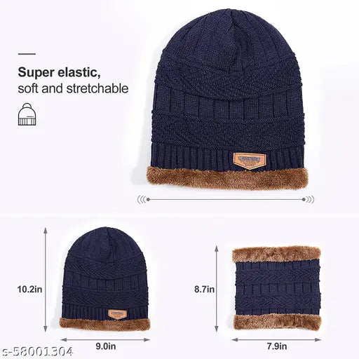 Blue woolen beanie hat set with neck scarf for men & women, winter wear topi and muffler face cover, perfect for cold weather protection