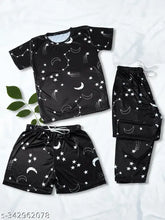 Soft silk night suit set (T-shirt, pajamas, shorts), printed pattern, expandable drawstring elastic waistband, Indian luxury sleepwear