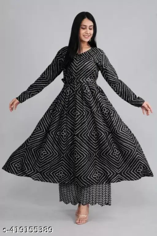 Fancy elegant rayon printed Anarkali with Palazzo set, vibrant print on viscose rayon fabric, long sleeves, single size