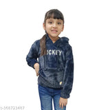 Kids girls faux fur sweatshirt, polyester self-design hoodie with front pockets. Comfortable winter wear for cold days