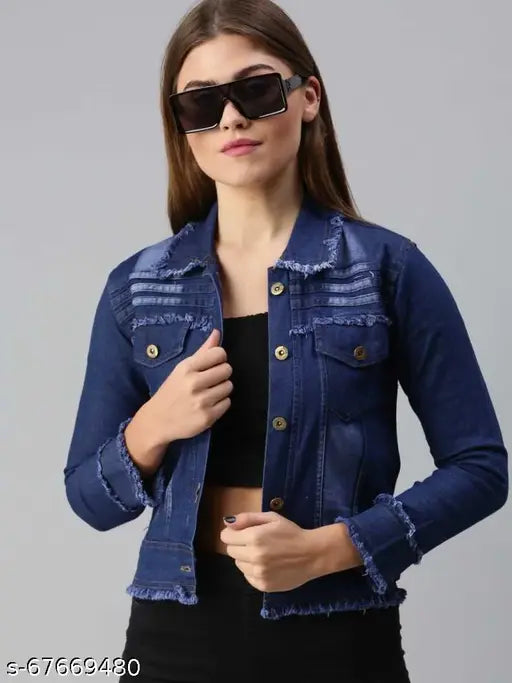 Dark blue denim Raffu Teen Patti women's jacket, solid pattern, long sleeves, perfect for casual wear