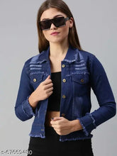 Dark blue denim Raffu Teen Patti women's jacket, solid pattern, long sleeves, perfect for casual wear