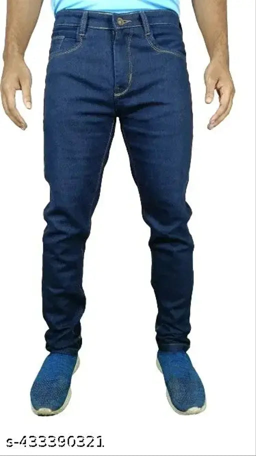 Dark blue stretchable denim jeans for men, solid pattern on display stand. Men's blue jeans from India. #MENJEANS (Size 32: waist 33in, length 40in, hip 36in)