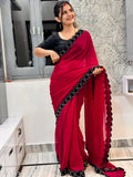 Cherry-hued Georgette Bollywood party saree with running blouse, free size, India-made