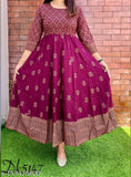 Black border Anarkali rayon dress with three-quarter sleeves, featuring a printed combo. Women's fashion from India