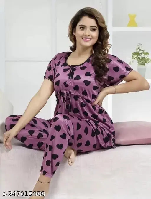 Purple printed satin women's pajama top set (pack of 2), premium quality, comfortable sleepwear for work from home