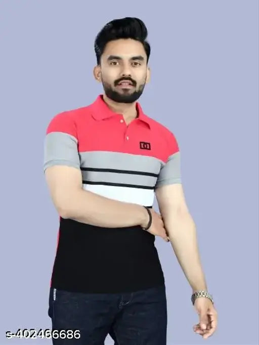 Striped cotton blend polo neck t-shirt for men, short sleeves, made in India