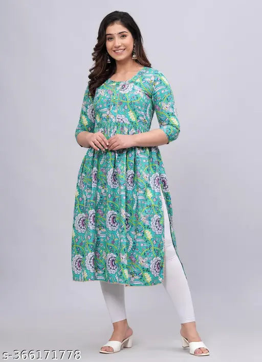 Latest trendy 100 cotton printed Naira cut kurti for women & girls, three-quarter sleeves, S-XXXL sizes