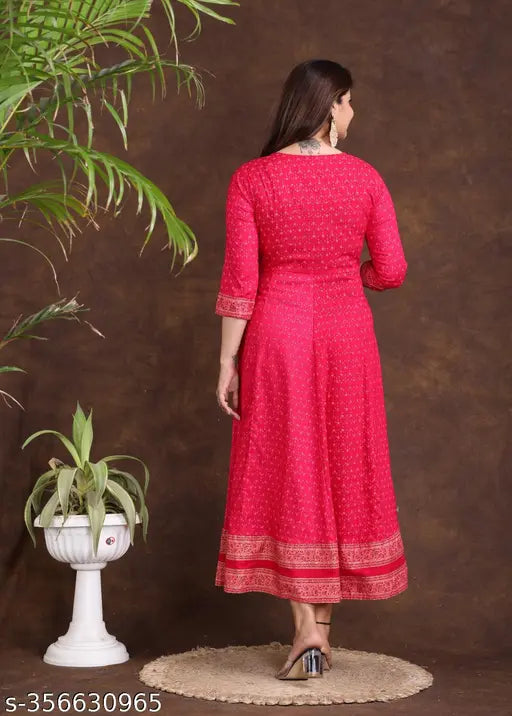 Rayon gold printed Anarkali kurti, floral embroidery, three-quarter sleeves, ankle length