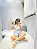 Cartoon print silk blend ladies night suit, set includes shirt, pyjamas, and shorts. Soft and shiny sleepwear in 3 sizes: M, L, XL, XXL. Made in India