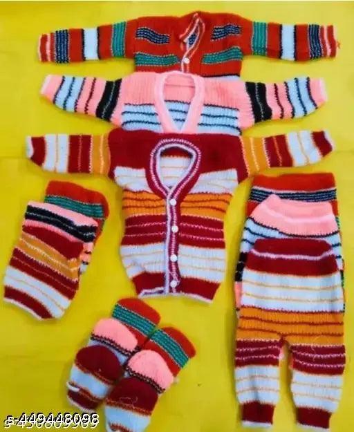 Striped woolen winter wear set (3 pack) featuring long-sleeved tops and bottoms, suitable for infants with sizes 0-3 months, 0-2 months, and 2-4 months. Indian origin
