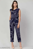 Navy cotton blend sleeveless women's jumpsuit, Soul Essence Western paper print, India origin