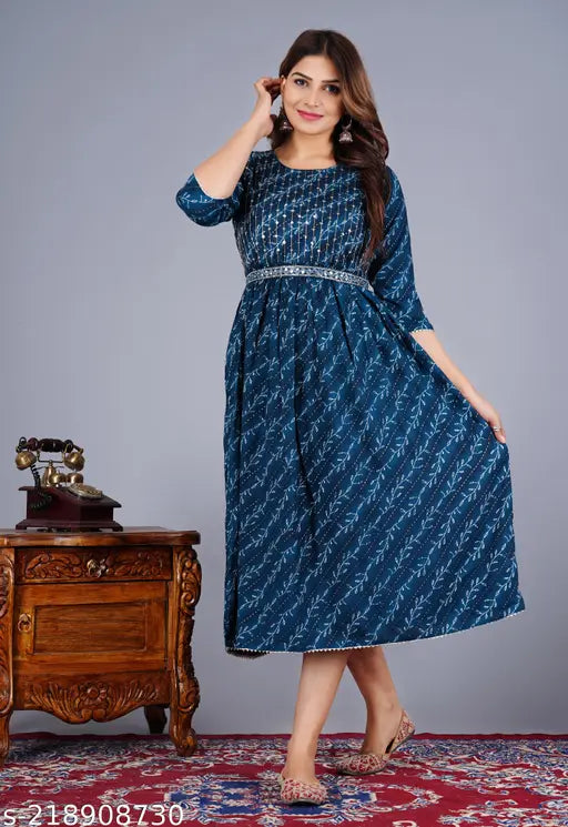 Rayon three-quarter sleeve Gowan 001, gold print party dress for women in M, L, XL, XXL sizes (Bust: 38in, 40in, 42in, 44in; Size Length: 48in)