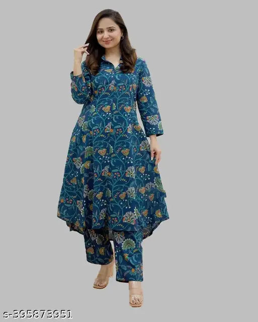 Green cotton cord set for couples, three-quarter sleeve palazzo kurta and bottomwear with printed net pattern