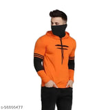 Cotton blend full sleeve hoodie with integrated mask for men, stylish urban wear on display